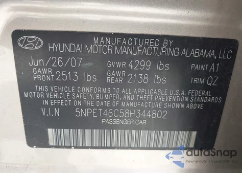 2008 Hyundai Sonata Gls from USA, damaged, VIN 5NPET46C58H344802